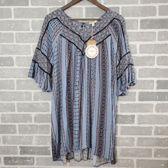 NWT Umgee Womens S Blue Multiprint 3/4 Ruffled Sleeve V-Neck Tunic Dress‎ Boho - Picture 1 of 9